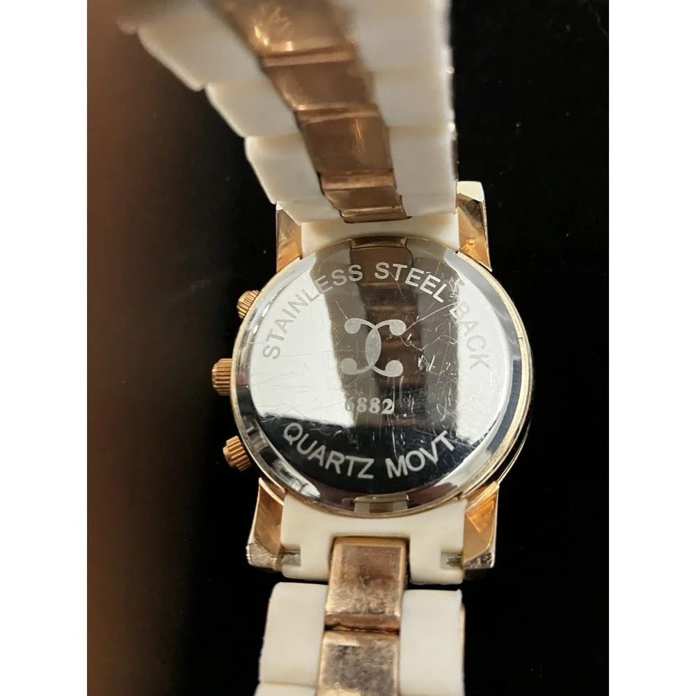 Charming Charlie Womens Rhinestone Rose Gold White Acrylic Band Watch Works